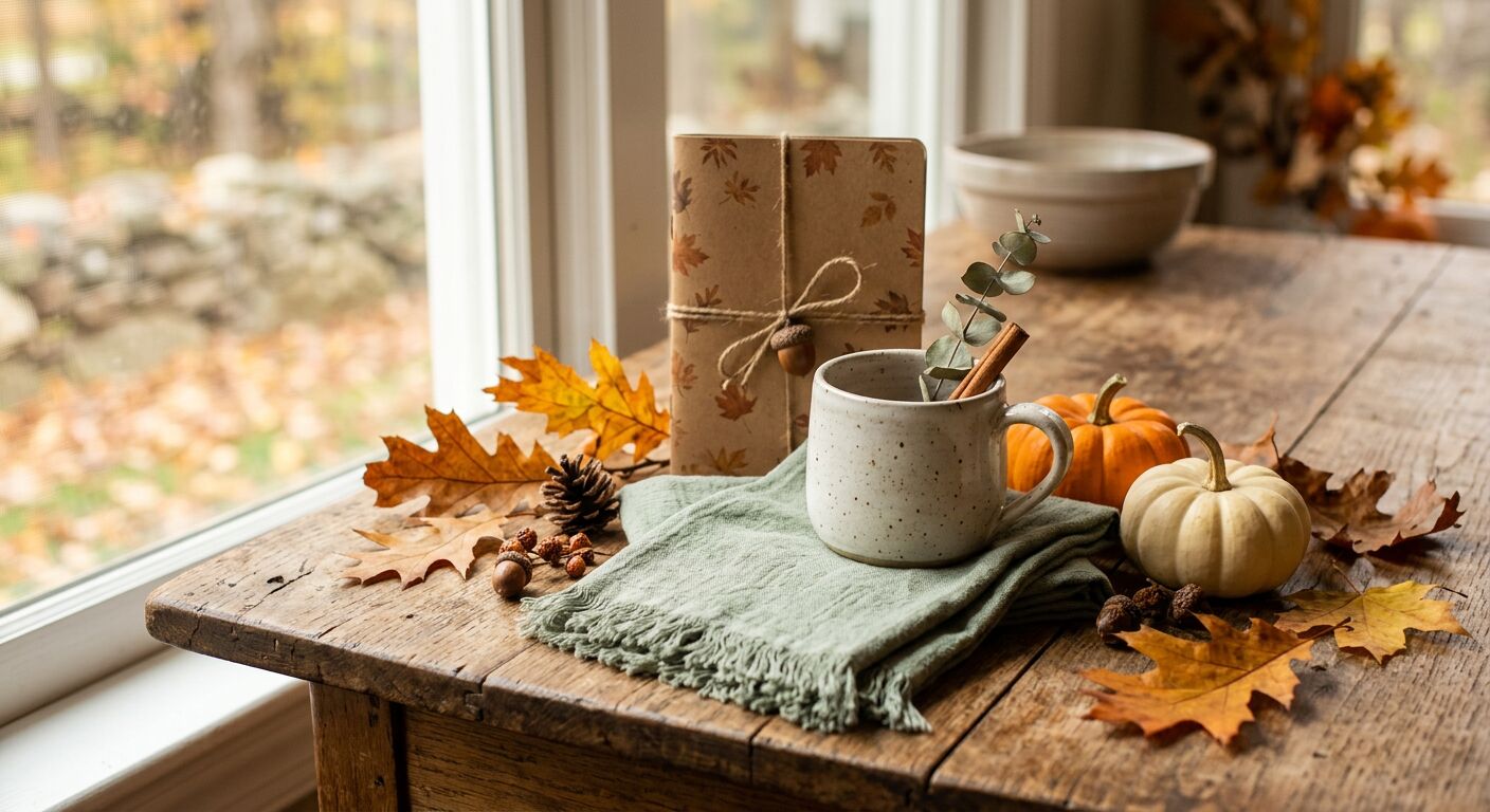 Thanksgiving hostess gifts: a cozy mug, candle and meal planner on a harvest table